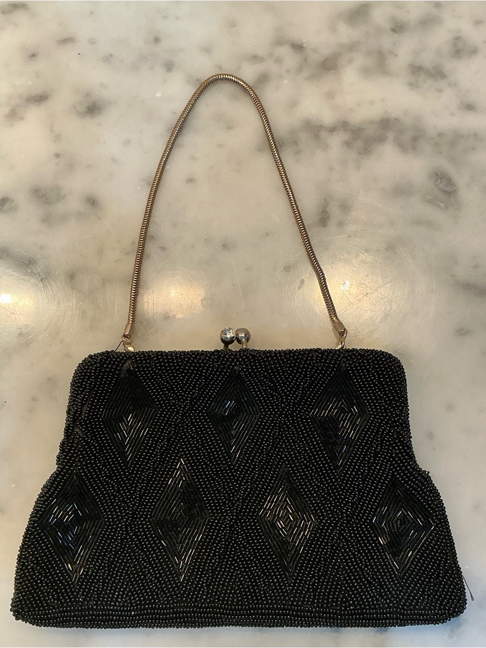 Vintage Exclusively Royale Black Beaded Evening Bag Rhinestone Clasp Japan